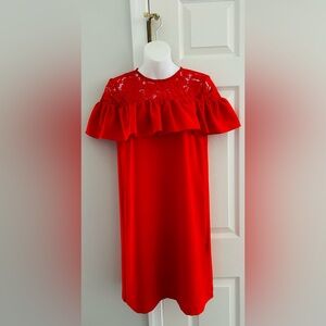 H&M RED Lace Crepe Dress with ruffle neck  Sz 32